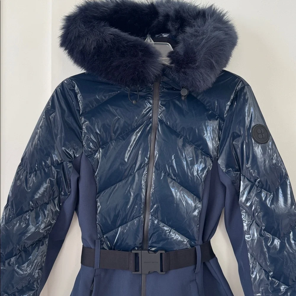 Sweaty Betty Navy Quilted Ski Jacket with Faux-Fur Hood